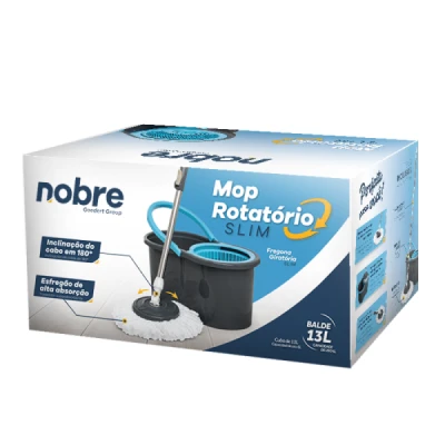 Mop Rotatório com Balde 13 Litros Cesto Plástico C/1 Refil Cinza Slim Nobre 41411