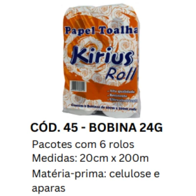 Toalha Papel Bobina (100% Celulose) 24gr Fardo (6 Rolos x 200m x 20cm Altura) Kirius 0045