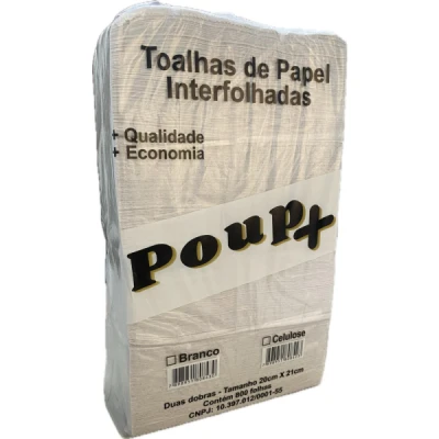 Toalha Papel Interfolhado (100% Celulose) (20cm x 21cm) 20gr Pacote C/800 Folhas Kirius Poup+ Branco 207