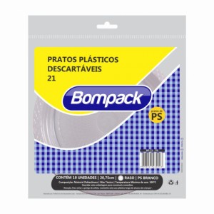 Prato Plástico 21,0cm Branco PS Raso Bompack Pacote C/10