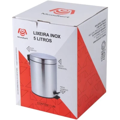 Lixeira Aço Inox Redonda com Pedal  03 Litros Mundiart com Caixa BB0007