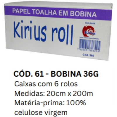 Toalha Papel Bobina (100% Celulose) 36gr Caixa (6 Rolos x 200m x 20cm Altura) Kirius 0061