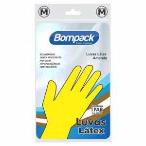 Luva Multiuso Látex Flocada Resistente Amarela Pacote C/1 Par Tamanho=M Bompack