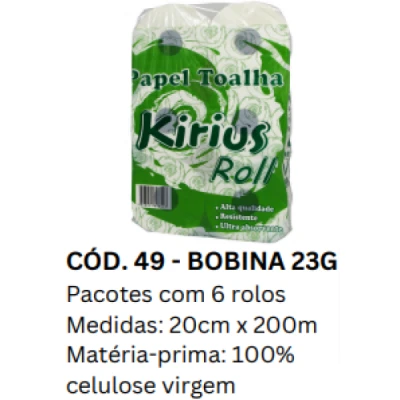 Toalha Papel Bobina (100% Celulose) 23gr Fardo (6 Rolos x 200m x 20cm Altura) Kirius 0049