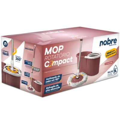 Mop Rotatório com Balde 09 Litros Cesto Plástico C/1 Refil Rosa Compact Nobre 54341