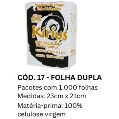 Toalha Papel Interfolhado (100% Celulose) (23cm x 21cm) 34gr Pacote C/1000 Folha-Dupla Kirius 0017