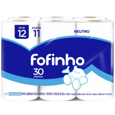 Papel Higiênico Rolinho Folha-Dupla (12 Rolos x 30m) Fofinho Natural/Neutro Canoinhas CCP-1910