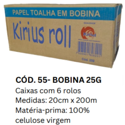 Toalha Papel Bobina (100% Celulose) 25gr Caixa (6 Rolos x 200m x 20cm Altura) Kirius 0055