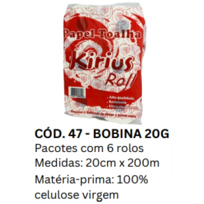 Toalha Papel Bobina (100% Celulose) 20gr Fardo (6 Rolos x 200m x 20cm Altura) Kirius 0047