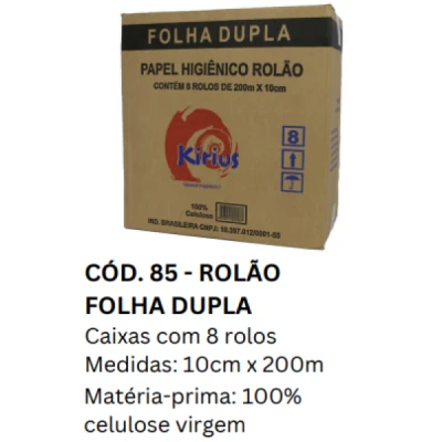 Papel Higiênico Rolão Folha-Dupla (100% Celulose) 34gr Caixa (8 Rolos x 200m x 10cm Altura) Kirius 0085