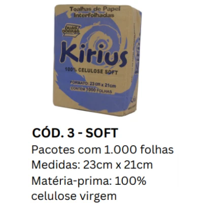 Toalha Papel Interfolhado (100% Celulose) (23cm x 21cm) 20gr Pacote C/1000 Kirius Soft 0003