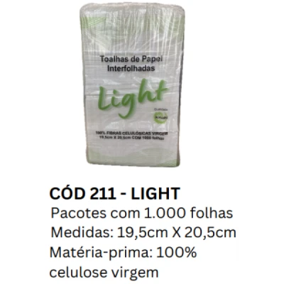 Toalha Papel Interfolhado (100% Celulose) (19,5cm x 20,5cm) 24gr Pacote C/1000 folhas Kirius Light 211