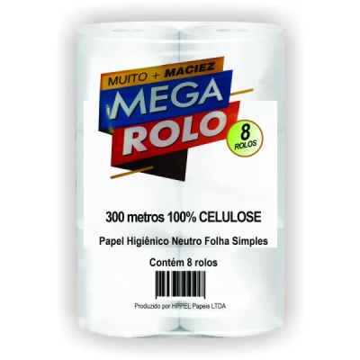 Papel Higiênico Rolão Folha Simples (100% Celulose) Fardo  8x300gr Mega-Rolo HPPEL- S43