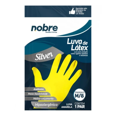 Luva Multiuso Látex Forrada Resistente Nobre Silver Amarela C/1 Par Tamanho=M/8 58687