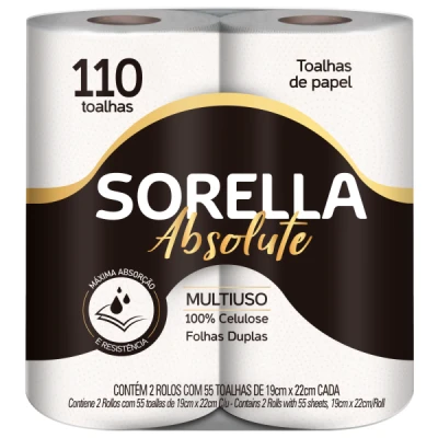 Toalha de Papel Cozinha Branco Pacote C/2 Rolos de 55 Folhas F. Dupla  Sorella Absolute Canoinhas CCP-1222