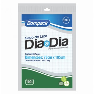 Saco de Lixo Doméstico Preto Bompack Dia-a-Dia 100 Litros C/5 Unidades