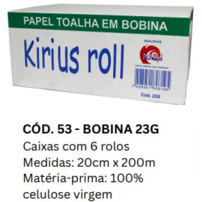 Toalha Papel Bobina (100% Celulose) 23gr Caixa (6 Rolos x 200m x 20cm Altura) Kirius 0053