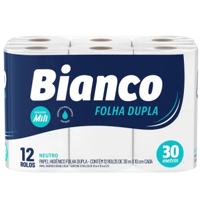 Papel Higiênico Rolinho Folha Dupla 12x30m Mili Bianco Neutro Branco