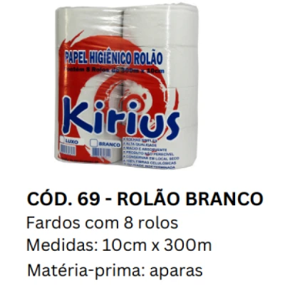 Papel Higiênico Rolão Folha-Simples (Branco-Plus) 18gr Fardo (8 Rolos x 300m x 10cm Altura) Kirius 0069