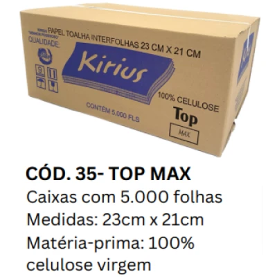 Toalha Papel Interfolhado (100% Celulose) (23cm x 21cm) 30gr Caixa C/5000 Folhas Kirius Top-Max 0035