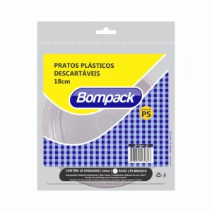 Prato Plástico 18,0cm Branco PS Raso Bompack Pacote C/10