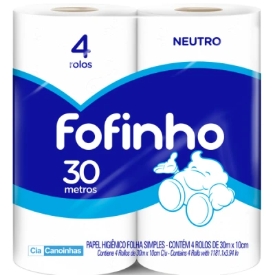 Papel Higiênico Rolinho Folha-Dupla  (4 Rolos x 30m) Fofinho Natural/Neutro Canoinhas CCP-1908