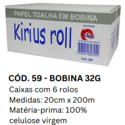 Toalha Papel Bobina (100% Celulose) 32gr Caixa (6 Rolos x 200m x 20cm Altura) Kirius 0059