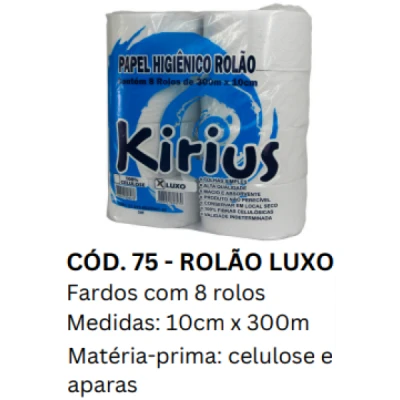 Papel Higiênico Rolão Folha-Simples (Branco-Luxo) 18gr Fardo (8 Rolos x 300m x 10cm Altura) Kirius 0075