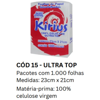 Toalha Papel Interfolhado (100% Celulose) (23cm x 21cm) 24gr Pacote C/1000 Kirius Ultra-Top 0015