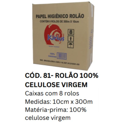 Papel Higiênico Rolão Folha-Simples (100% Celulose) 15gr Caixa (8 Rolos x 300m x 10cm Altura) Kirius 0081