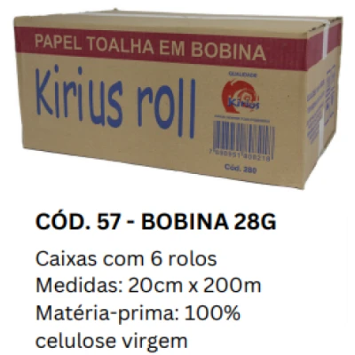 Toalha Papel Bobina (100% Celulose) 28gr Caixa (6 Rolos x 200m x 20cm Altura) Kirius 0057