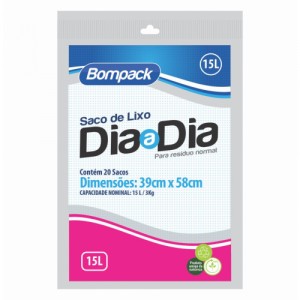 Saco de Lixo Doméstico Preto Bompack Dia-a-Dia  15 Litros C/20 Unidades