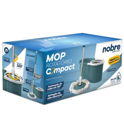 Mop Rotatório com Balde 09 Litros Cesto Plástico C/1 Refil Azul Compact Nobre 54344