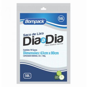 Saco de Lixo Doméstico Preto Bompack Dia-a-Dia  50 Litros C/10 Unidades