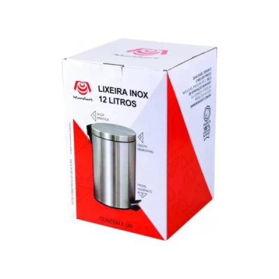 Lixeira Aço Inox Redonda com Pedal  12 Litros Mundiart com Caixa BB0009