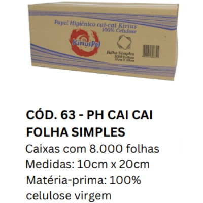 Papel Higiênico Cai-Cai (100% Celulose) Folha-Simples (10cm x 20cm) 17gr Caixa C/8000 Kirius 0063