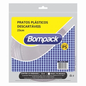 Prato Plástico 23,0cm Branco PS Raso Bompack Pacote C/10